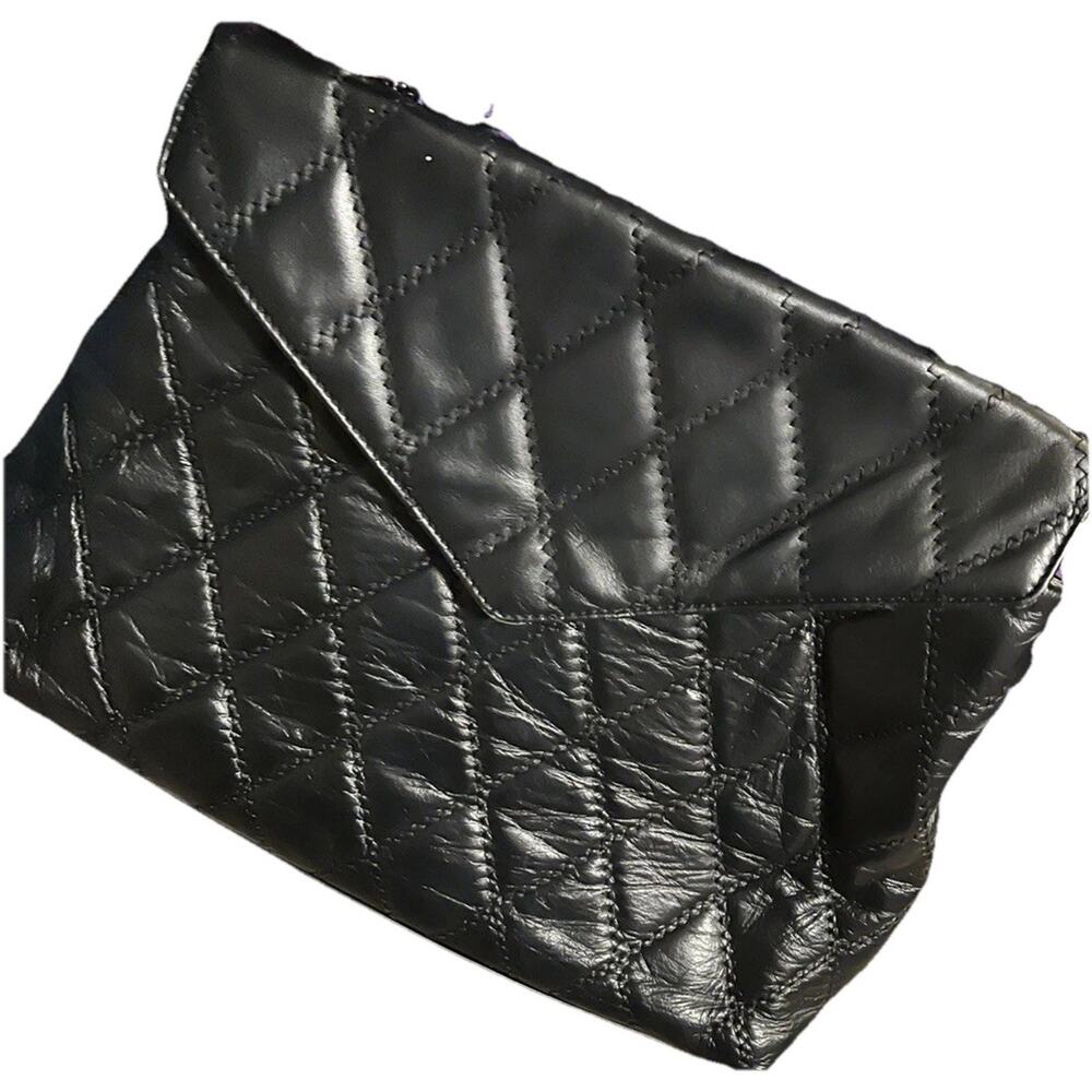 Large Black Leather Quilted Handbag W/Chain Strap. Made In Italy. Roberta Rossi
